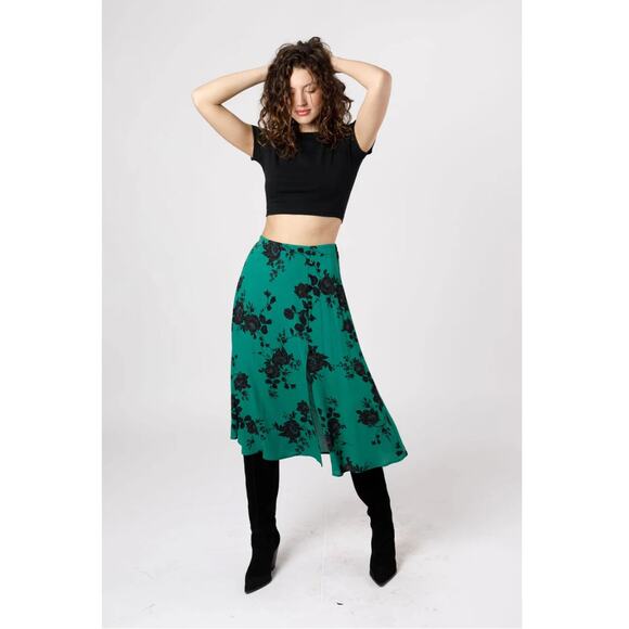 Band of the Free Etta Emerald Floral Midi Skirt Green Black XS Front Slit‎ NEW - Picture 1 of 8